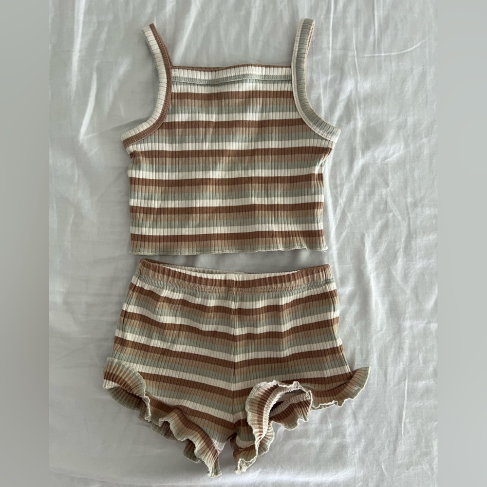 Quincy Mae Striped Kids Matching Set - Cream and Brown